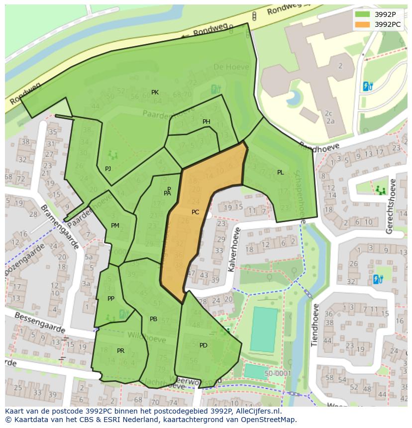 Afbeelding van het postcodegebied 3992 PC op de kaart.