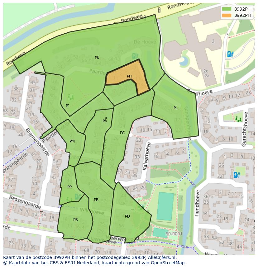 Afbeelding van het postcodegebied 3992 PH op de kaart.
