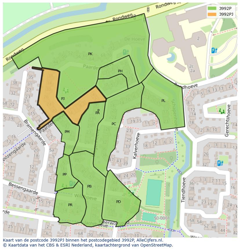 Afbeelding van het postcodegebied 3992 PJ op de kaart.