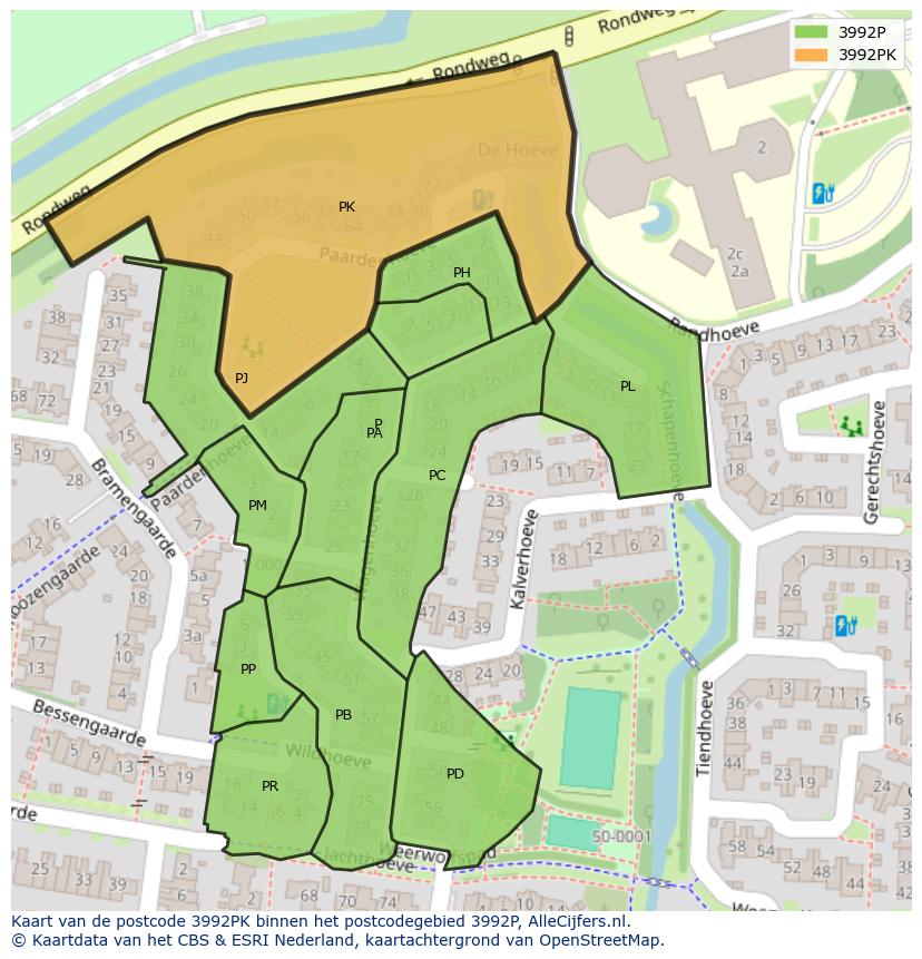 Afbeelding van het postcodegebied 3992 PK op de kaart.