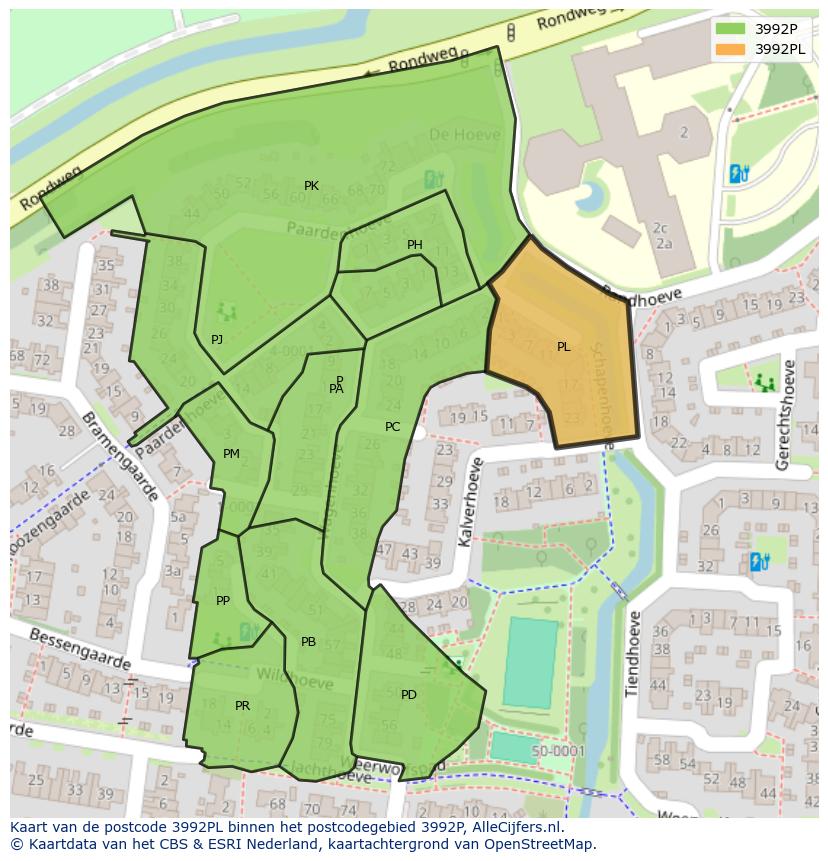 Afbeelding van het postcodegebied 3992 PL op de kaart.