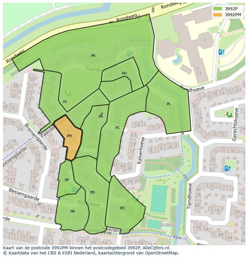 Afbeelding van het postcodegebied 3992 PM op de kaart.