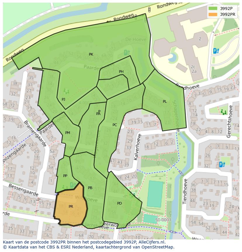 Afbeelding van het postcodegebied 3992 PR op de kaart.