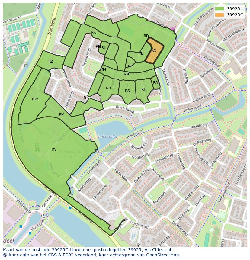 Afbeelding van het postcodegebied 3992 RC op de kaart.