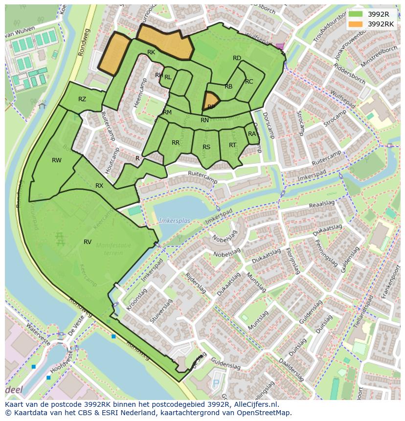 Afbeelding van het postcodegebied 3992 RK op de kaart.