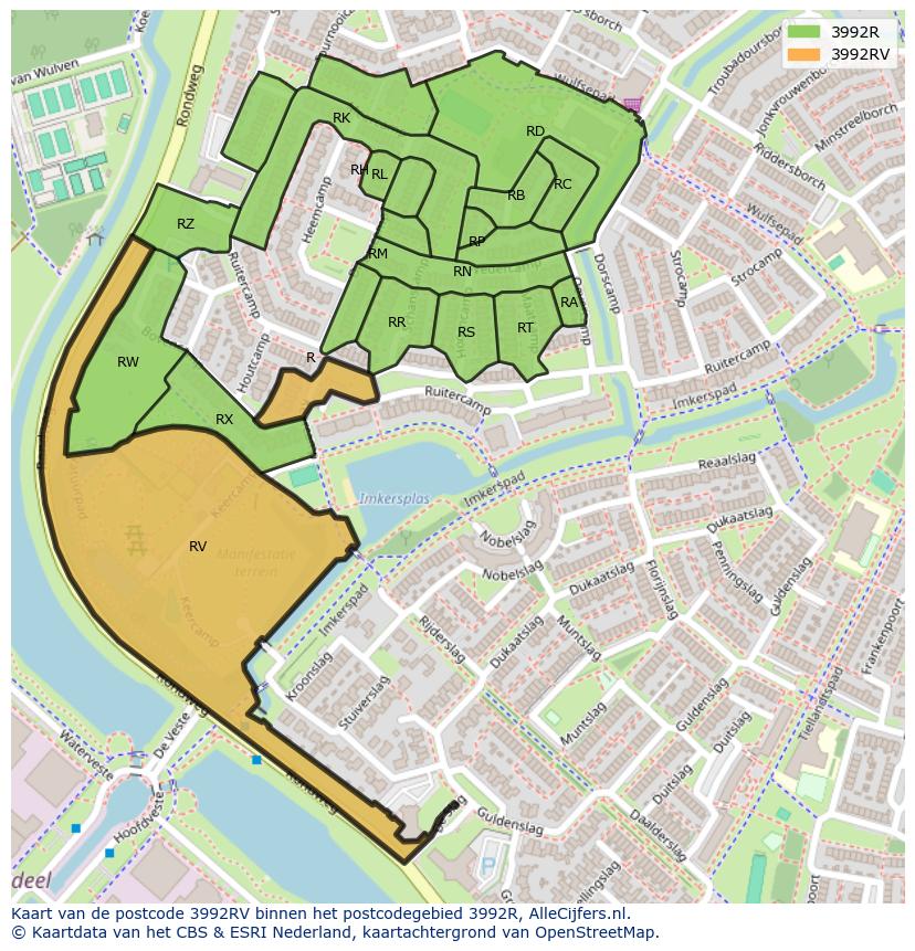 Afbeelding van het postcodegebied 3992 RV op de kaart.