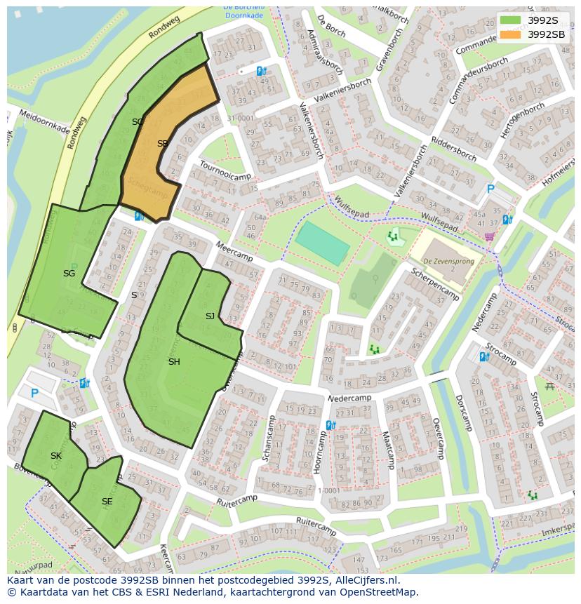 Afbeelding van het postcodegebied 3992 SB op de kaart.