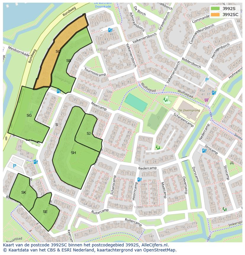 Afbeelding van het postcodegebied 3992 SC op de kaart.