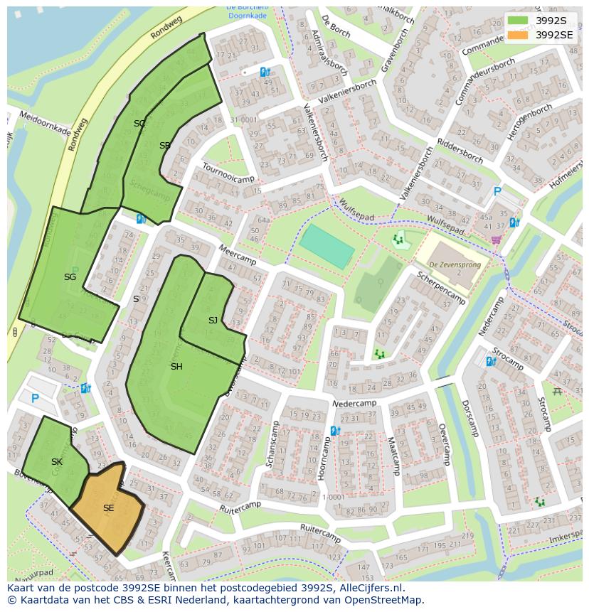 Afbeelding van het postcodegebied 3992 SE op de kaart.