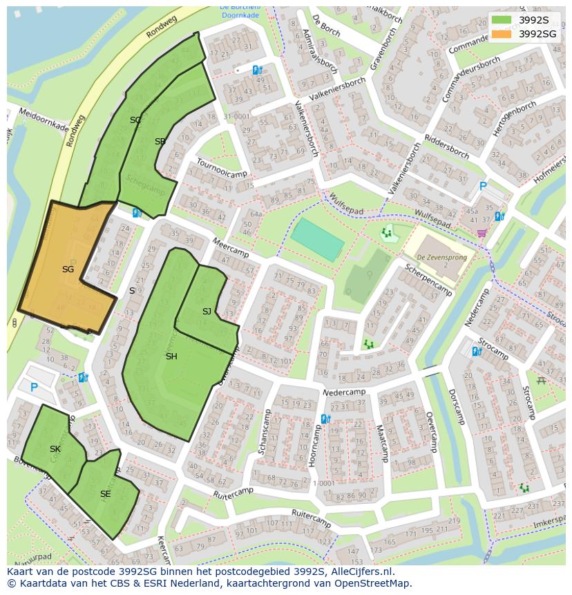 Afbeelding van het postcodegebied 3992 SG op de kaart.