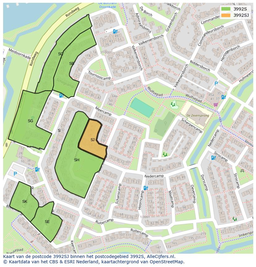 Afbeelding van het postcodegebied 3992 SJ op de kaart.