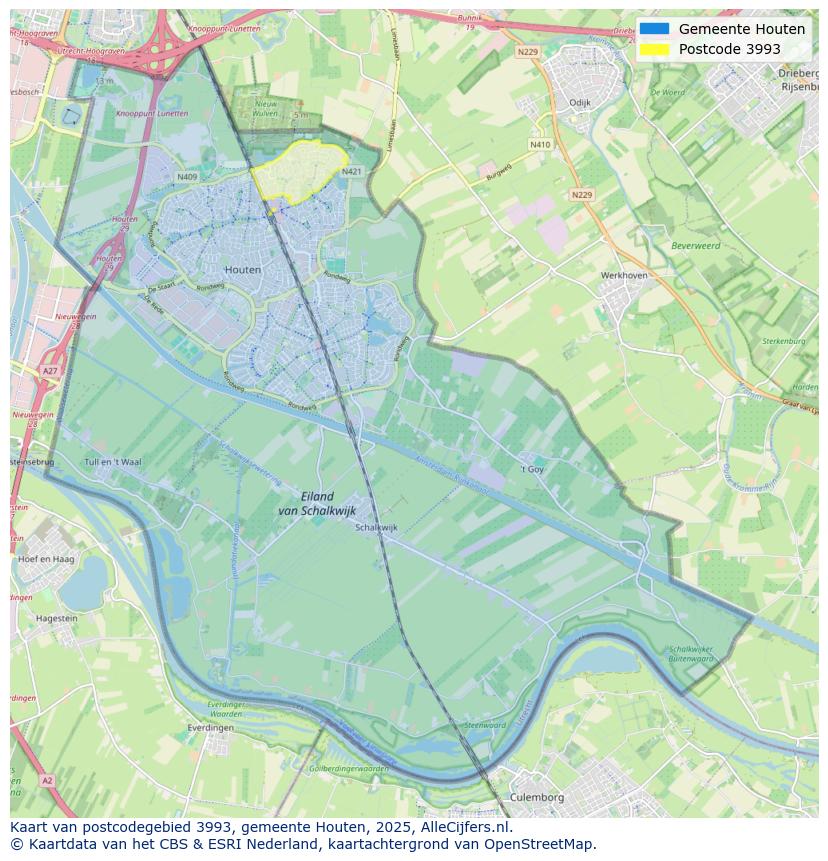 Afbeelding van het postcodegebied 3993 op de kaart.