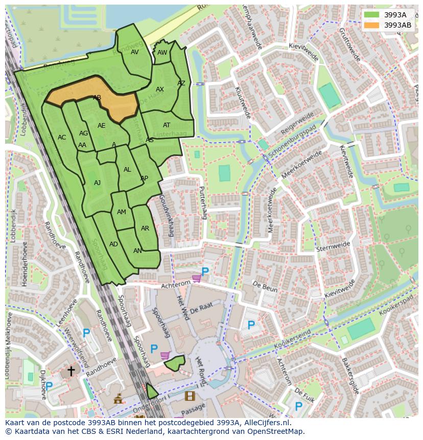 Afbeelding van het postcodegebied 3993 AB op de kaart.