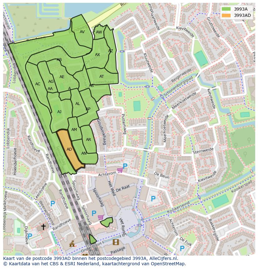 Afbeelding van het postcodegebied 3993 AD op de kaart.