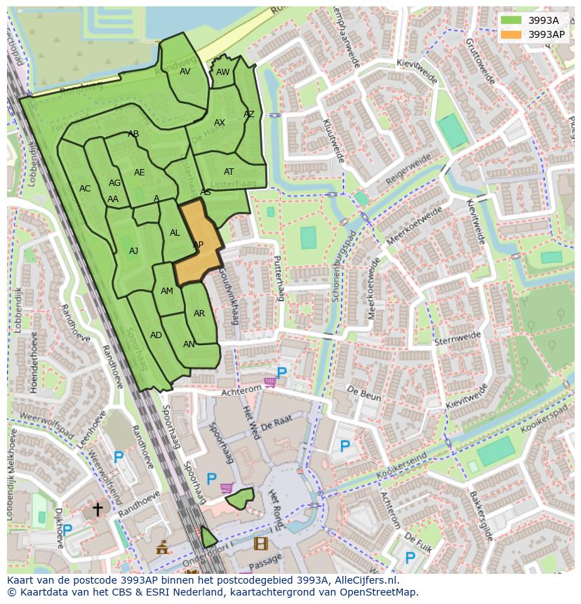 Afbeelding van het postcodegebied 3993 AP op de kaart.