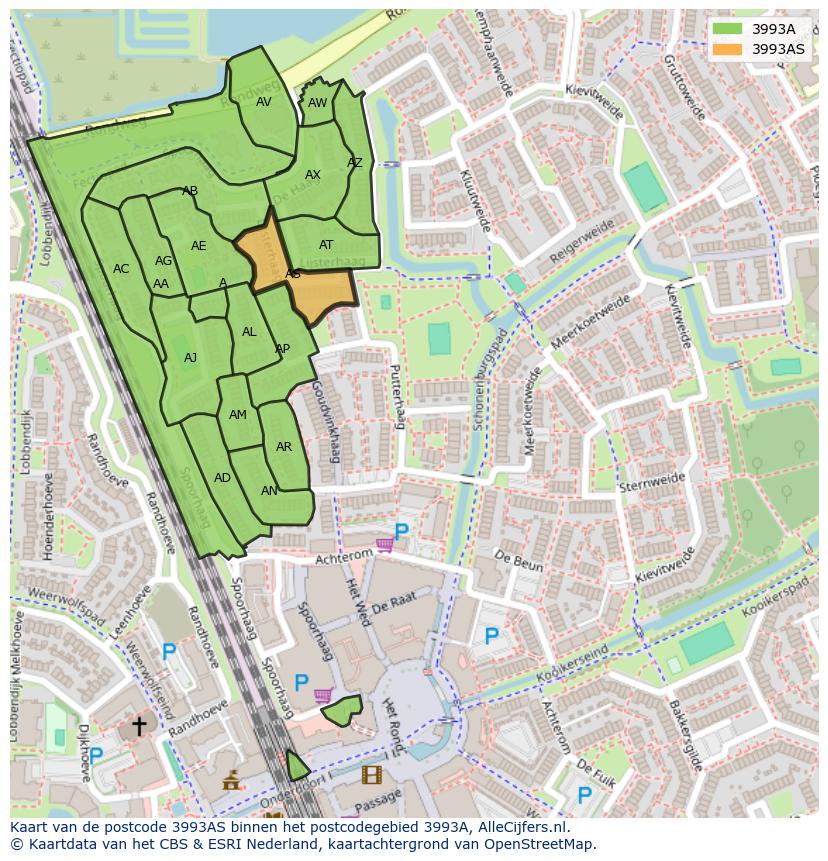 Afbeelding van het postcodegebied 3993 AS op de kaart.