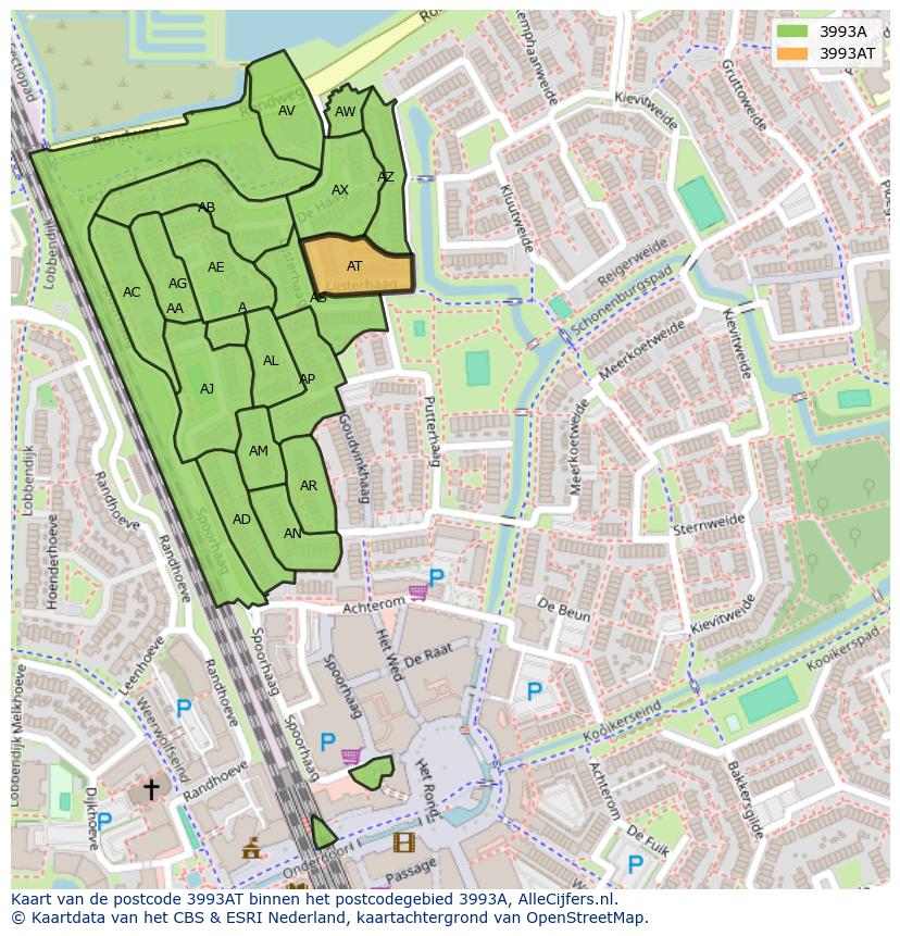 Afbeelding van het postcodegebied 3993 AT op de kaart.