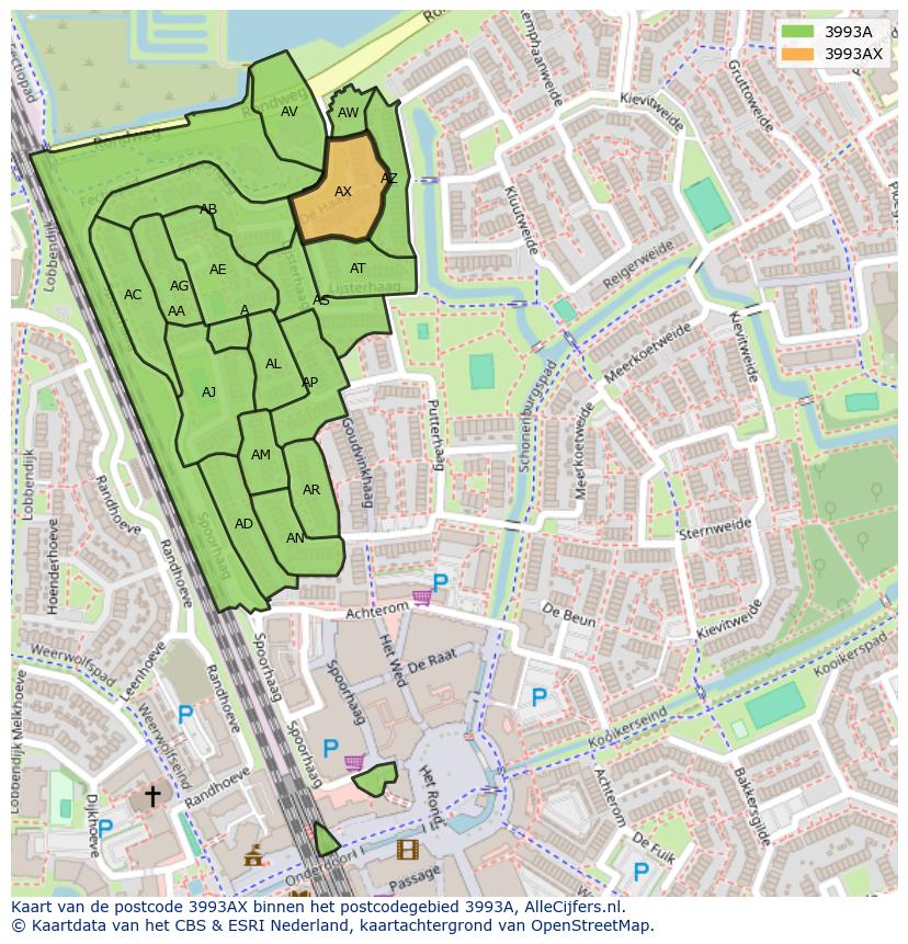 Afbeelding van het postcodegebied 3993 AX op de kaart.