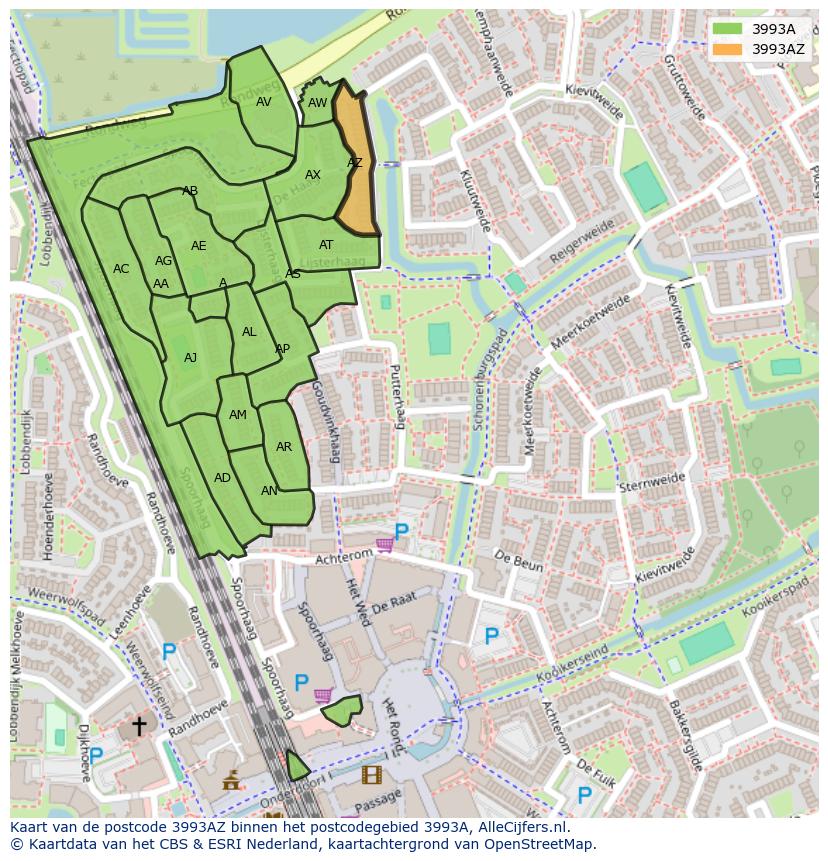 Afbeelding van het postcodegebied 3993 AZ op de kaart.