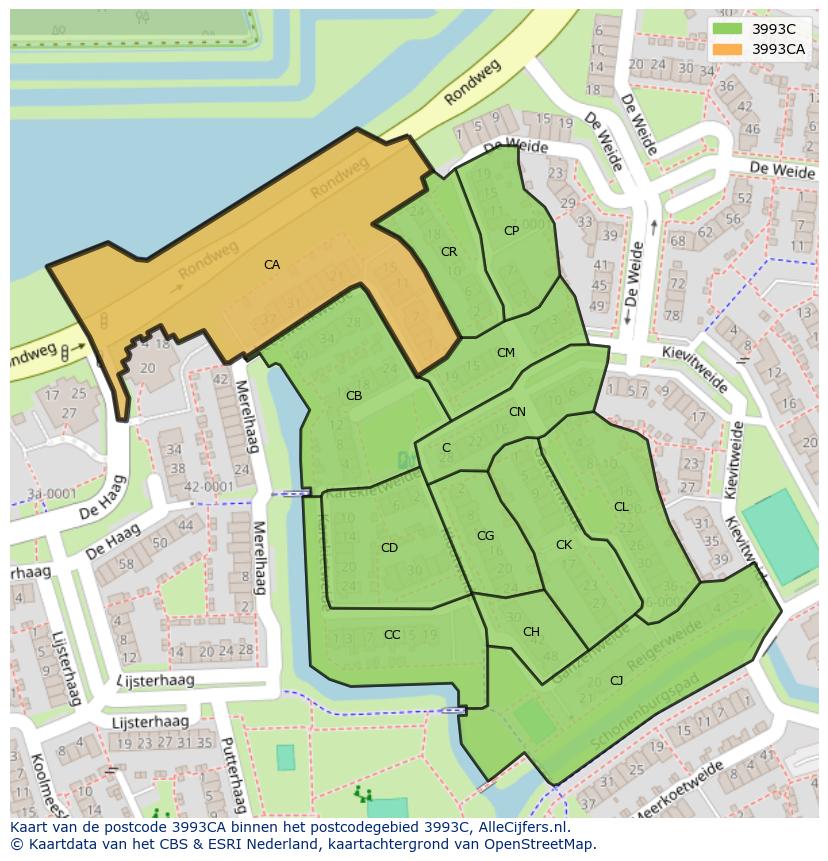 Afbeelding van het postcodegebied 3993 CA op de kaart.
