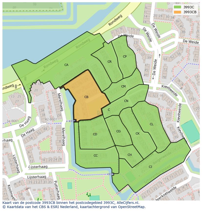 Afbeelding van het postcodegebied 3993 CB op de kaart.