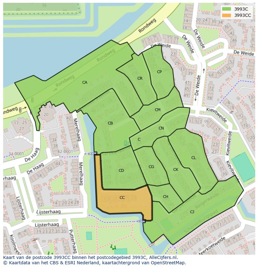 Afbeelding van het postcodegebied 3993 CC op de kaart.