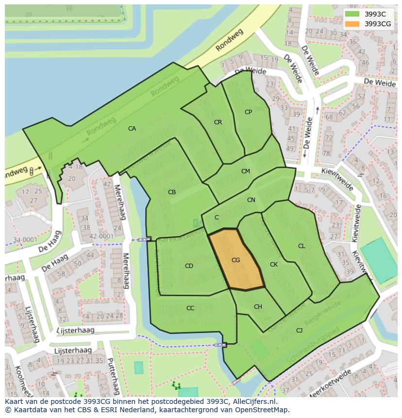 Afbeelding van het postcodegebied 3993 CG op de kaart.