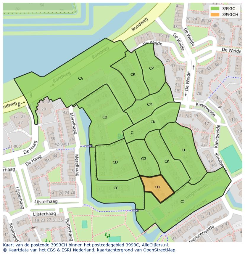 Afbeelding van het postcodegebied 3993 CH op de kaart.