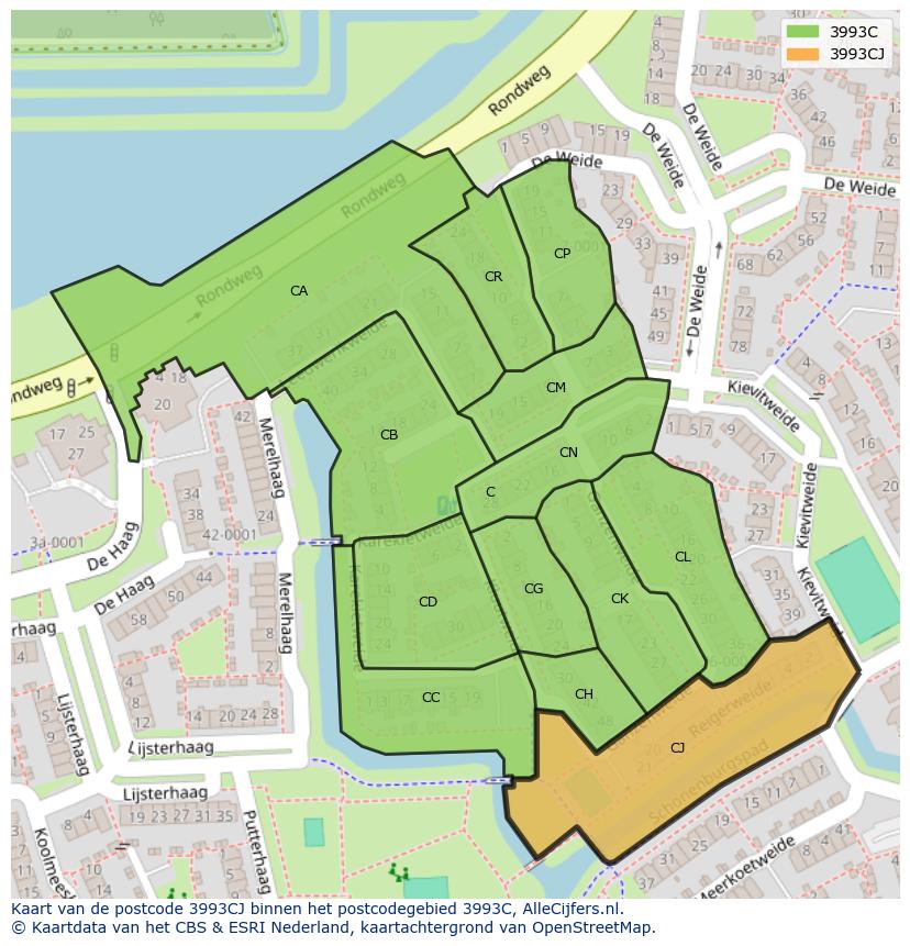 Afbeelding van het postcodegebied 3993 CJ op de kaart.