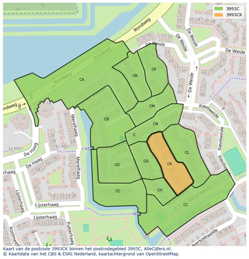 Afbeelding van het postcodegebied 3993 CK op de kaart.