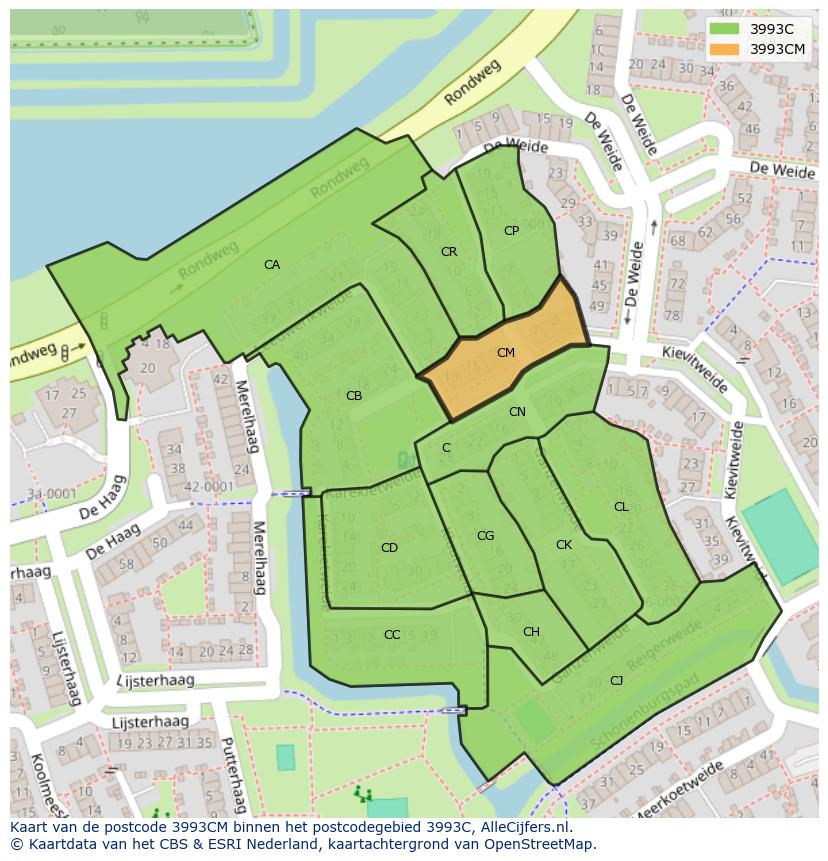 Afbeelding van het postcodegebied 3993 CM op de kaart.