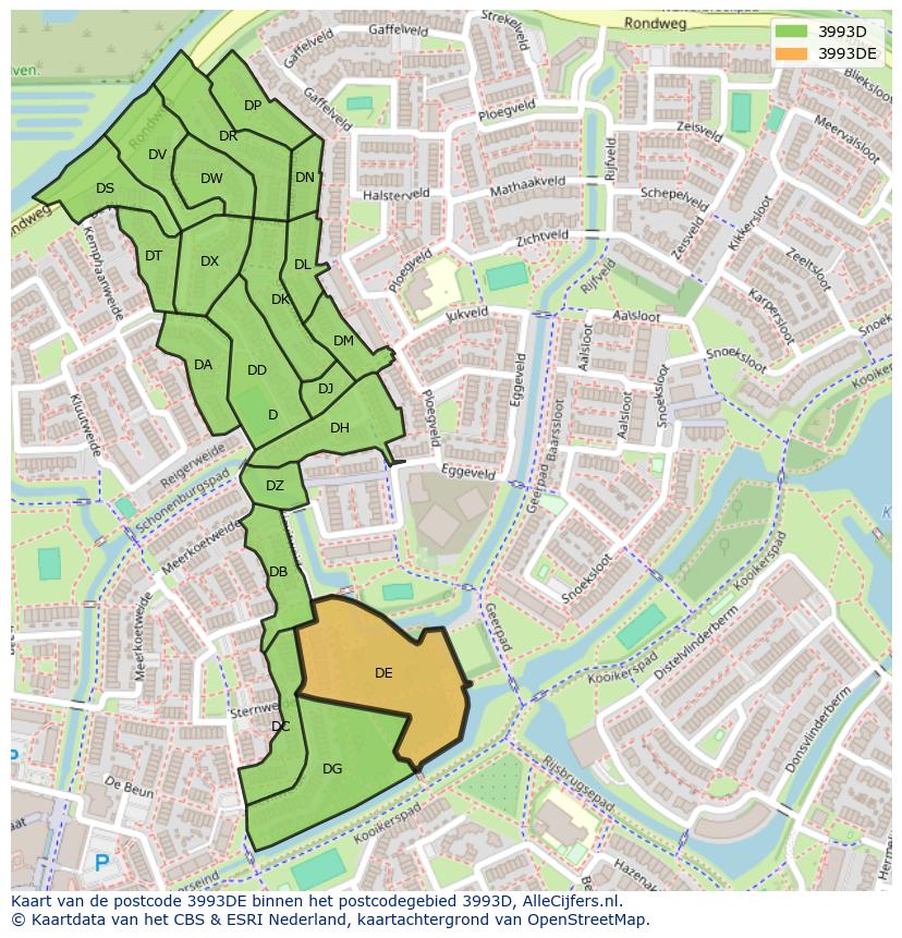 Afbeelding van het postcodegebied 3993 DE op de kaart.