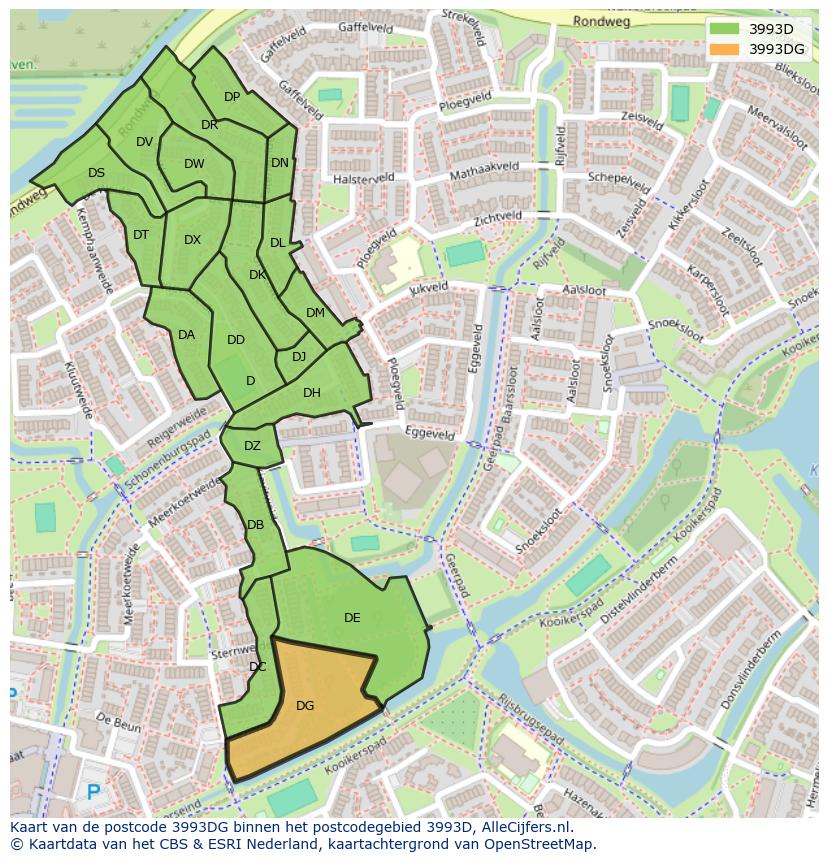 Afbeelding van het postcodegebied 3993 DG op de kaart.