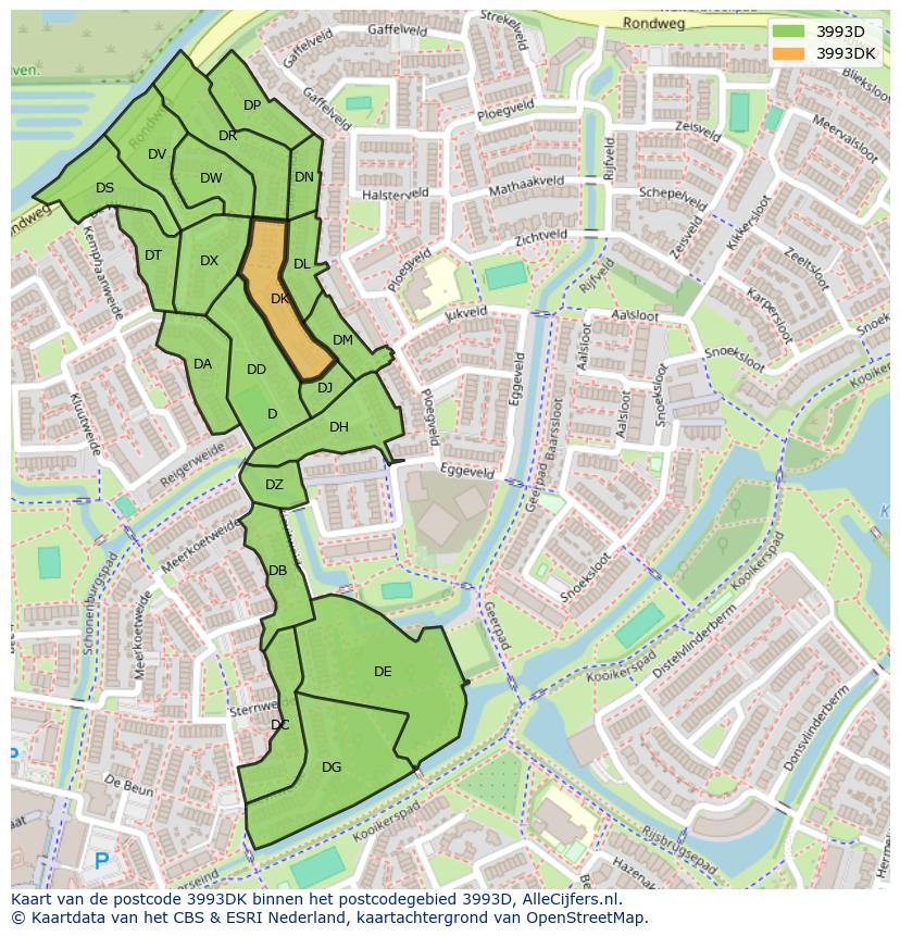 Afbeelding van het postcodegebied 3993 DK op de kaart.