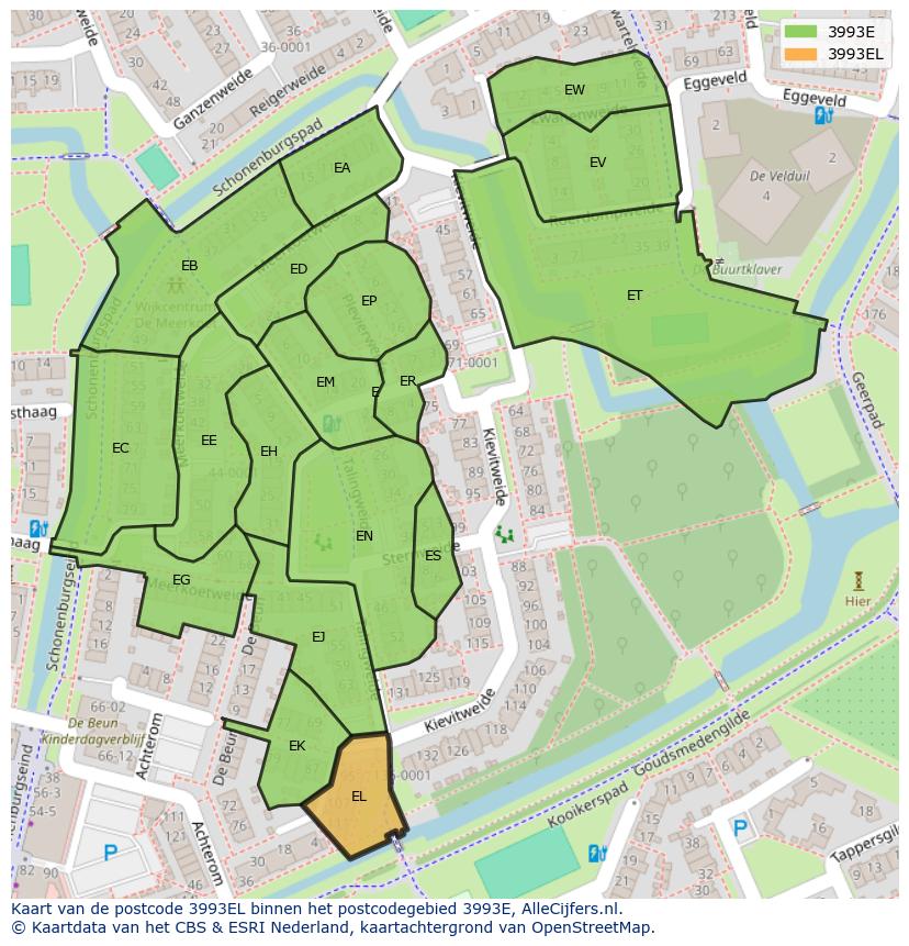 Afbeelding van het postcodegebied 3993 EL op de kaart.