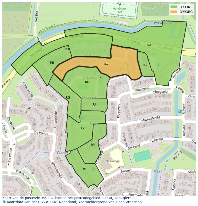Afbeelding van het postcodegebied 3993 RC op de kaart.