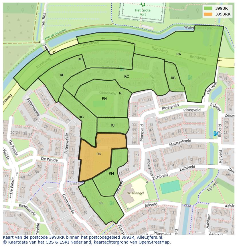 Afbeelding van het postcodegebied 3993 RK op de kaart.
