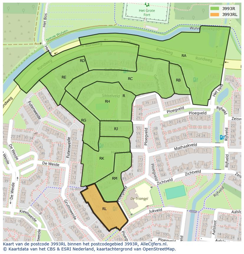Afbeelding van het postcodegebied 3993 RL op de kaart.