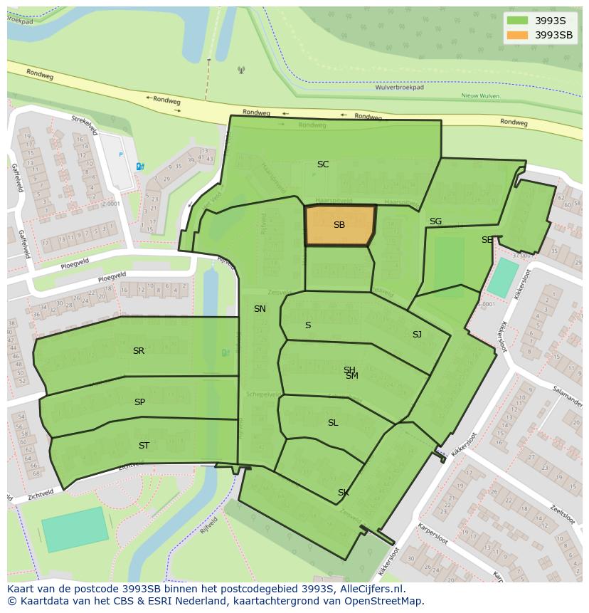 Afbeelding van het postcodegebied 3993 SB op de kaart.