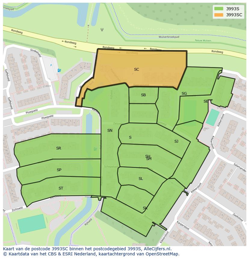 Afbeelding van het postcodegebied 3993 SC op de kaart.