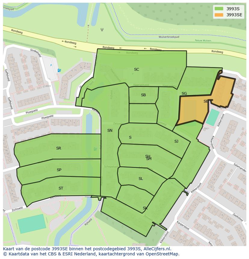 Afbeelding van het postcodegebied 3993 SE op de kaart.