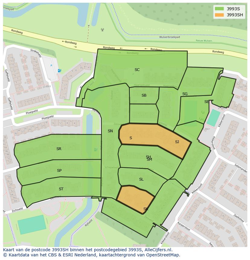 Afbeelding van het postcodegebied 3993 SH op de kaart.