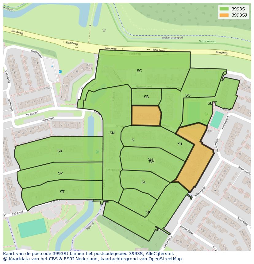 Afbeelding van het postcodegebied 3993 SJ op de kaart.
