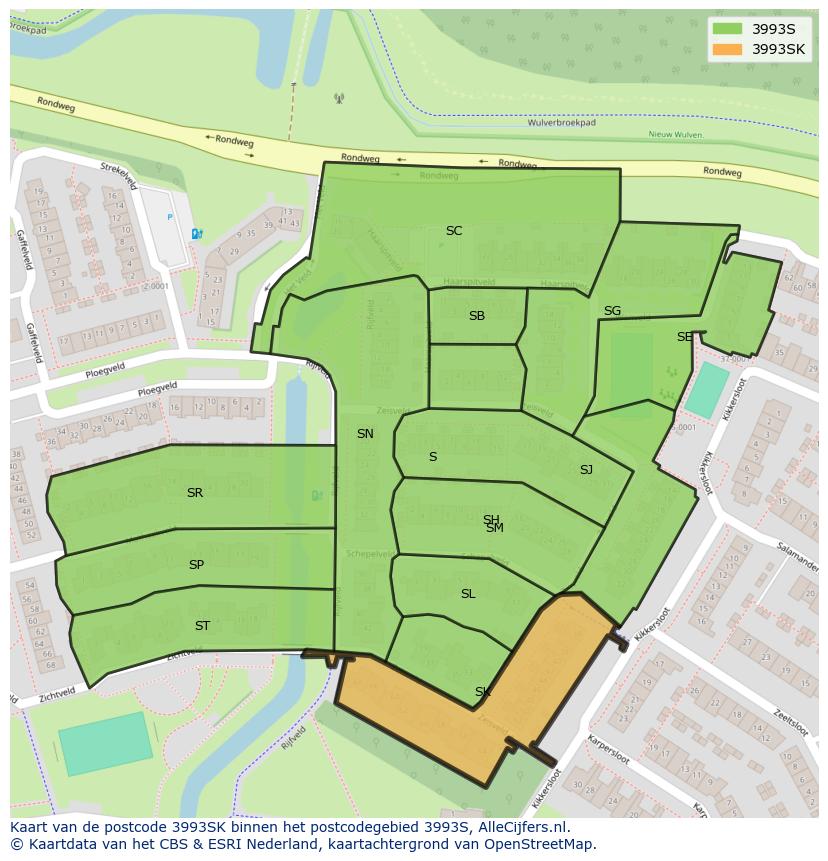 Afbeelding van het postcodegebied 3993 SK op de kaart.