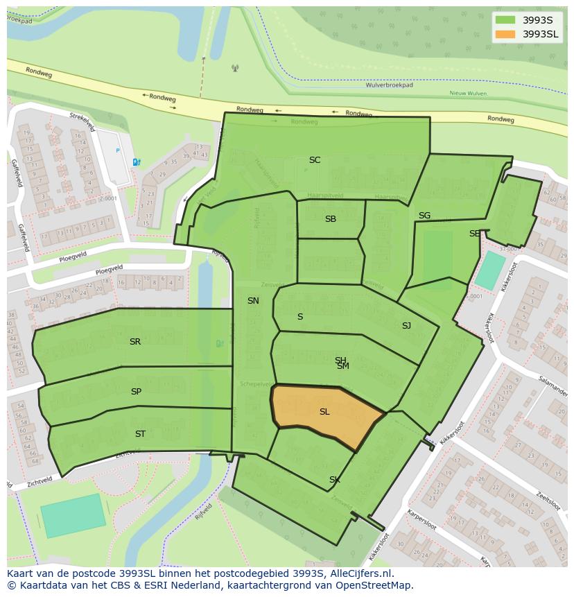 Afbeelding van het postcodegebied 3993 SL op de kaart.