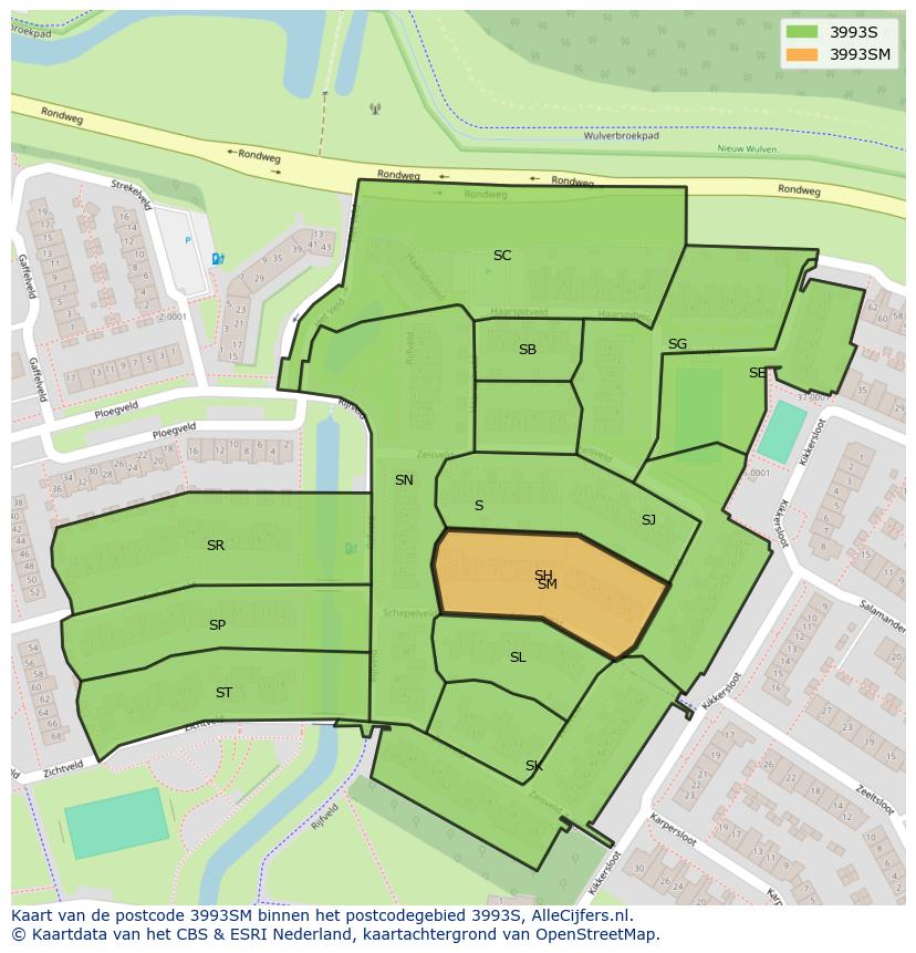 Afbeelding van het postcodegebied 3993 SM op de kaart.
