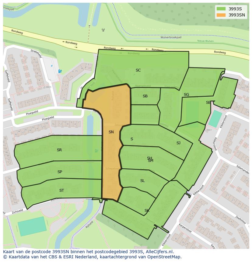 Afbeelding van het postcodegebied 3993 SN op de kaart.