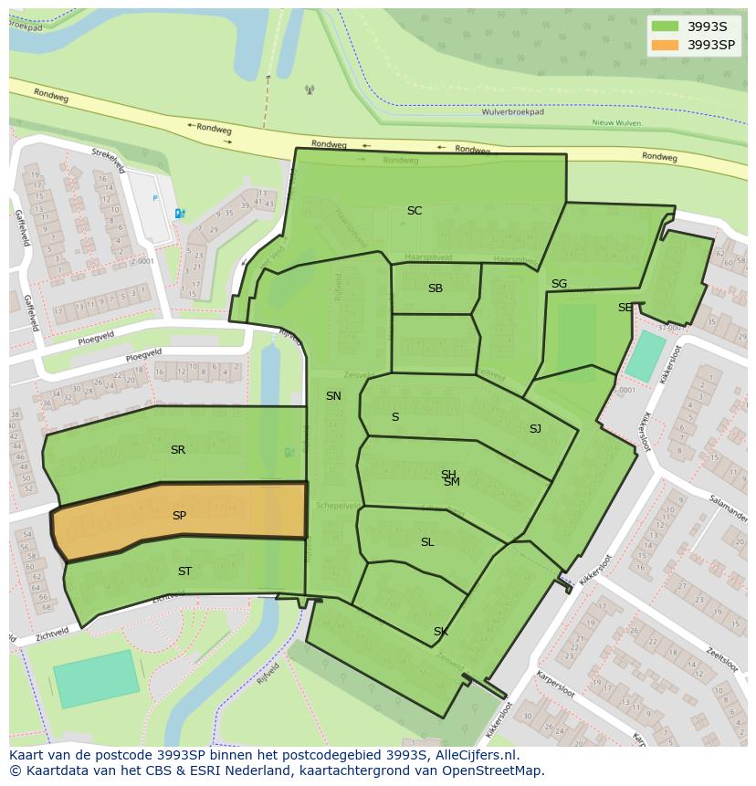 Afbeelding van het postcodegebied 3993 SP op de kaart.