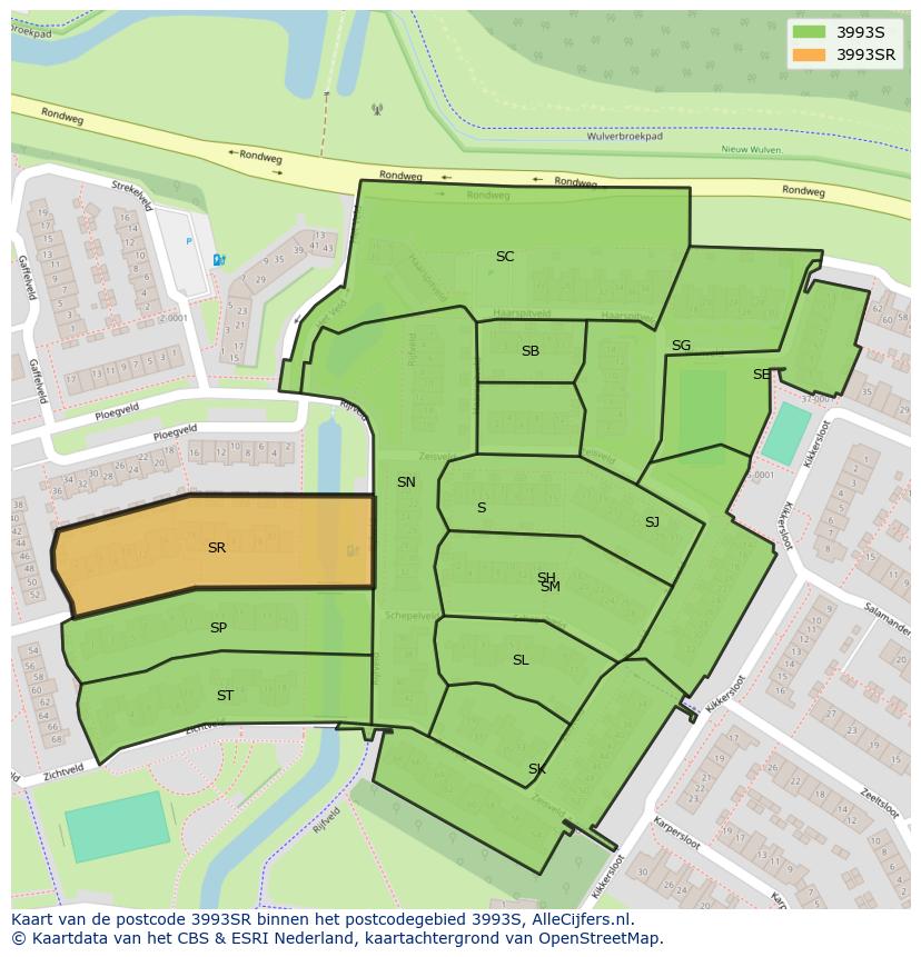 Afbeelding van het postcodegebied 3993 SR op de kaart.