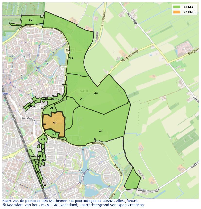 Afbeelding van het postcodegebied 3994 AE op de kaart.